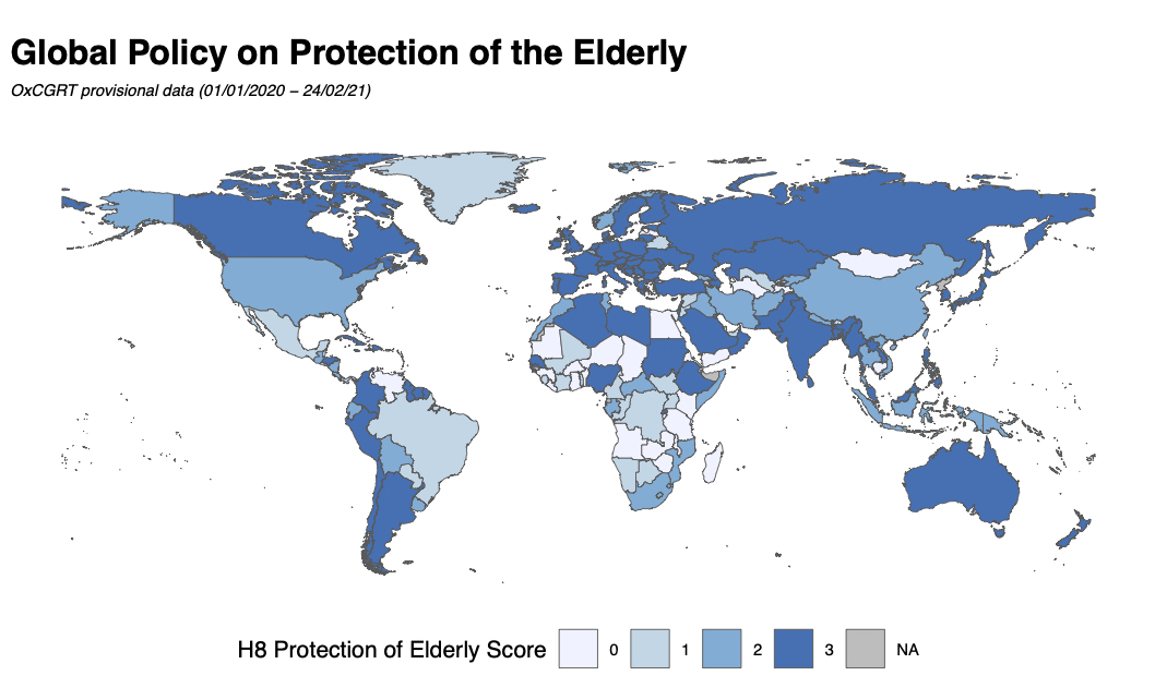 Choropleth map showing the strength of policies designed to protect elderly people by isolating them from potential exposure to COVID-19.