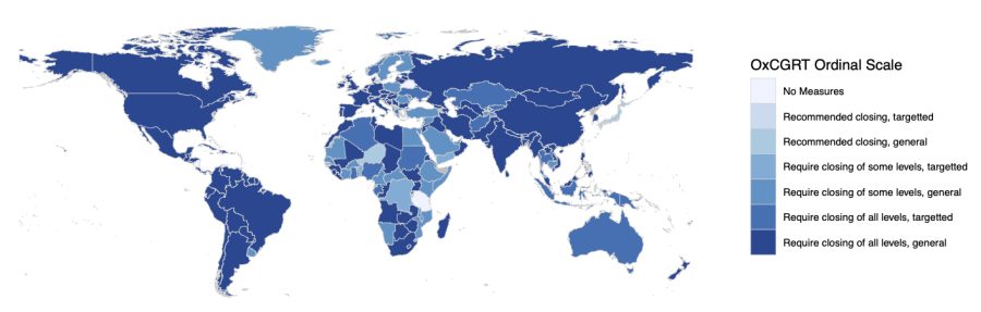 Global map showing strength of policies for workplace closures