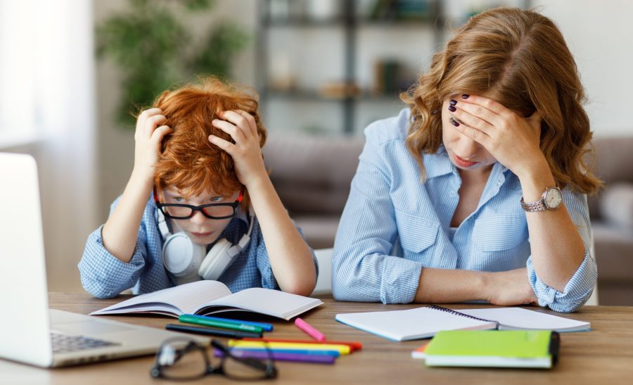 Mother and son learning at home