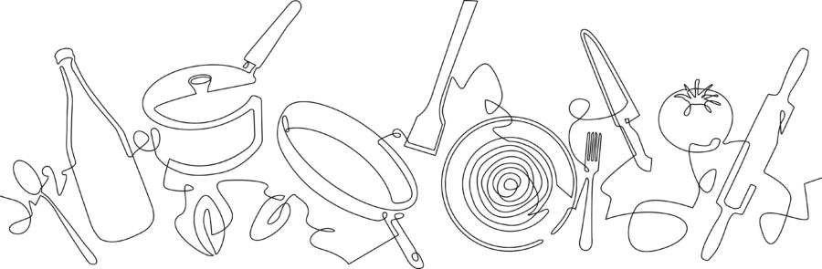 Line drawing of food and cooking utensils