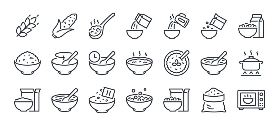 Meal line icons. Vegatable dish, poke bowl food and healthy salad set. Pizza, pasta spaghetti bowl and burger line icons. Breakfast meal, vegetable salad and fish. Apple and carrot fresh juice.