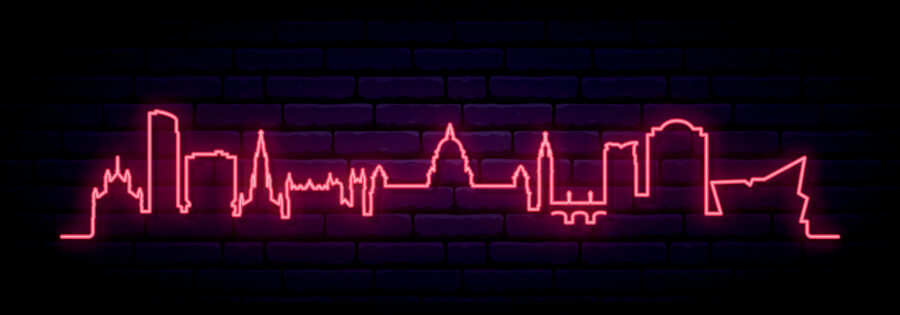 Red neon skyline of Belfast. Bright Belfast City long banner. Vector illustration.