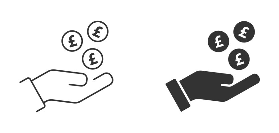 Pound Coin Payment icon. Pound coins falling in hand. Flat vector illustration.