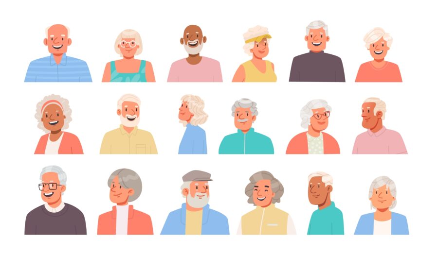 Happy old people avatars set. Portraits of elderly men and women. Senior characters collection on isolated background.