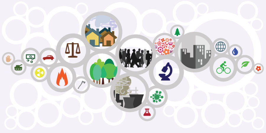 Illustration of website horizontal banner for sustainable development concept with circles showing ecological risks and solutions for cities and countries