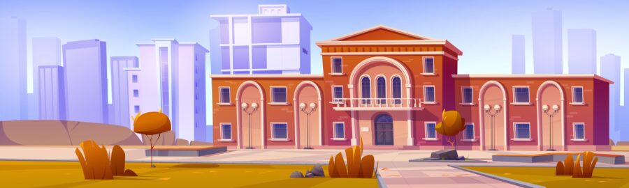 Cityscape with building exterior of university, college, high school or public library. Vector cartoon illustration of autumn landscape with museum, government, court or academy campus building