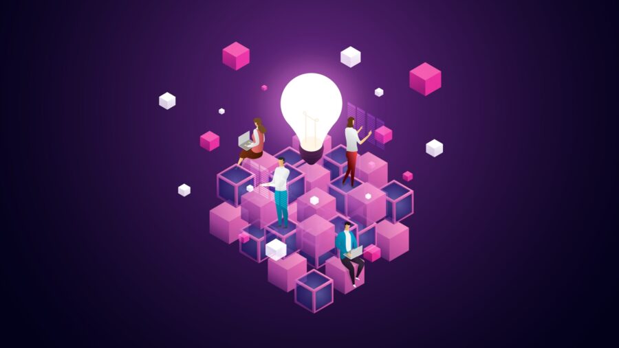 Team working on blockchain technology. Connecting a large cube Future Technology Concept Blockchain Cryptocurrency. isometric vector illustration.