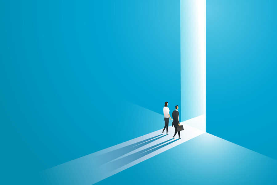 Businesswoman and businessman walking go to front of bright big shining door in the wall blue of the hole at light falls.