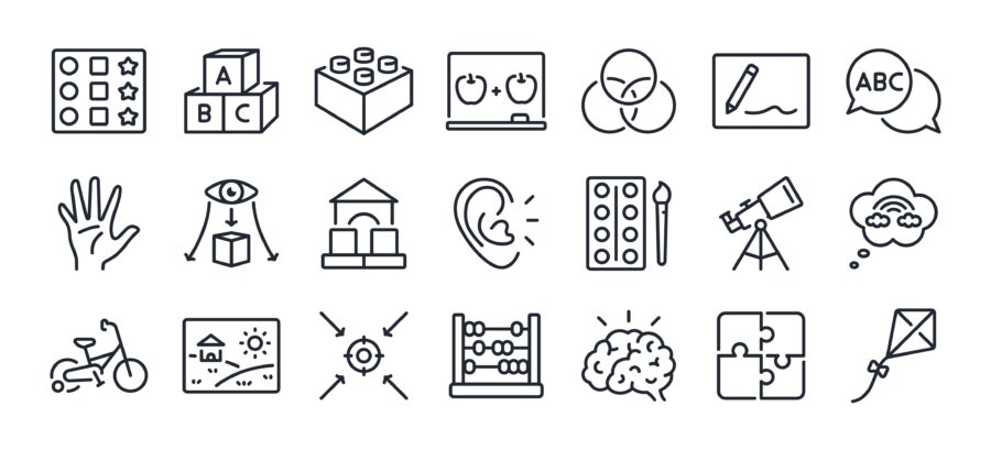 Preschool abilities and child development related editable stroke outline icons set isolated on white background flat vector illustration.