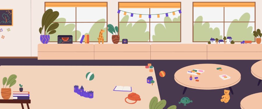 Kindergarten panoramic view. Nursery playroom, preschool classroom with toys on floor scene. Play group, children room interior with nobody. Empty daycare class background.